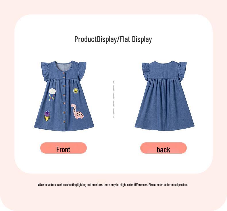 Little Maven Girls' Cartoon Appliqué Denim Dress - Short Sleeve Summer Style