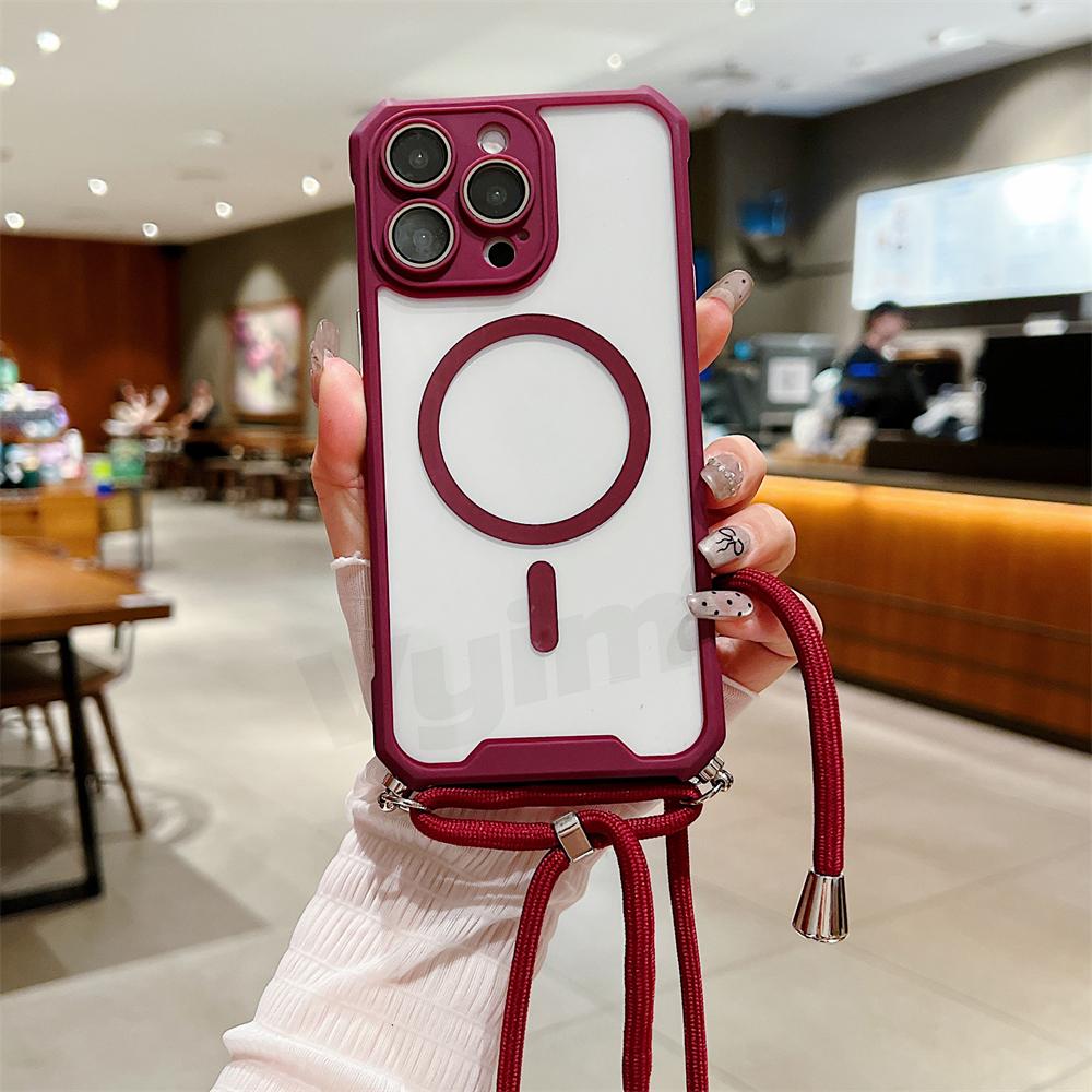 Магнитный прозрачный чехол для iPhone 15 14 13 12 11 Pro Max Plus для Magsafe Crossbody Lanyard Жесткий акриловый чехол