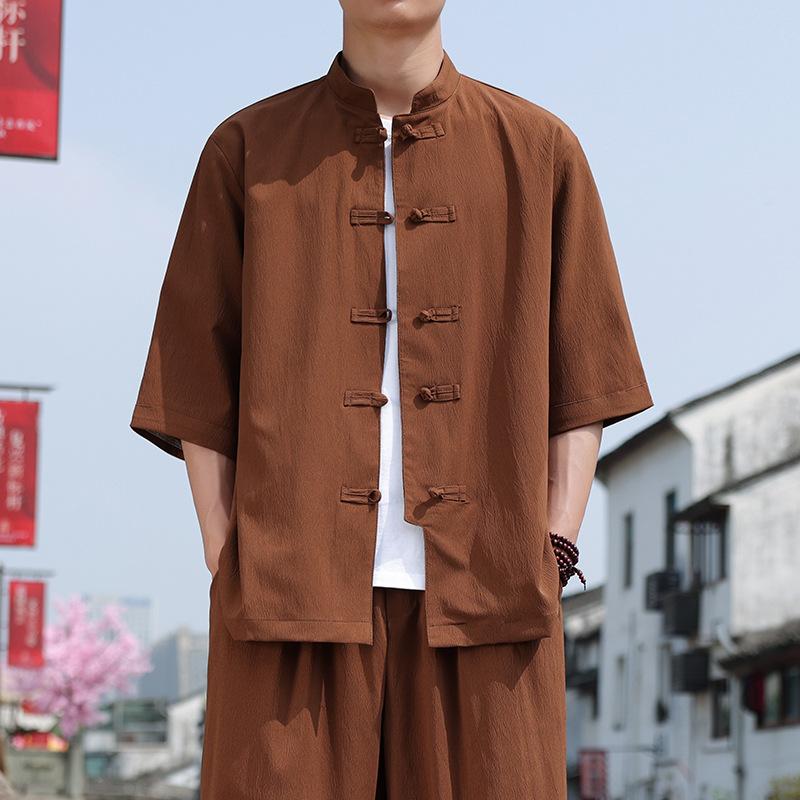 Летняя рубашка в китайском стиле с диском на пуговицах и рукавом три четверти, мужская повседневная рубашка с воротником-стойкой, однотонная рубашка больших размеров