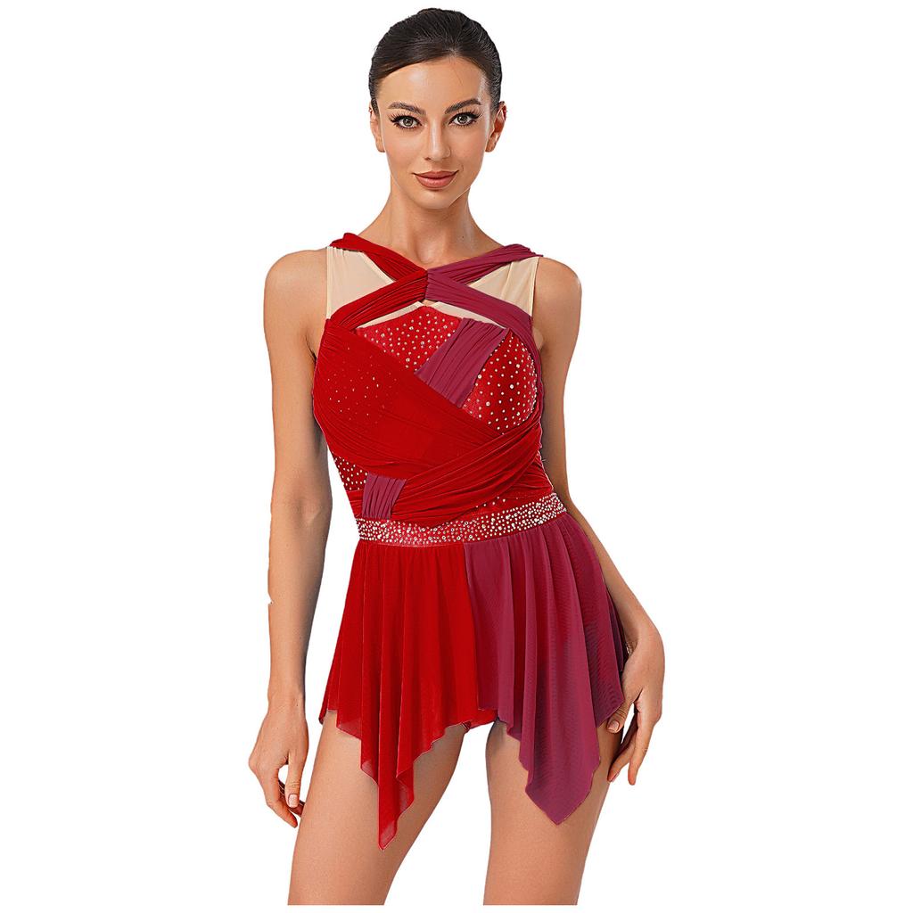 Womens Lyrical Dance Dress Rhinestone Color Block Mesh Design Ruched Twisted Knot Irregular Hem Leotard