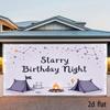 2D Lavender Starry Camping Birthday Backdrop, Campfire Tent Photo Background