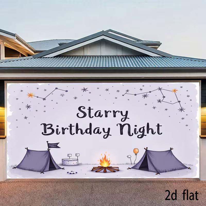 2D Lavender Starry Camping Birthday Backdrop, Campfire Tent Photo Background