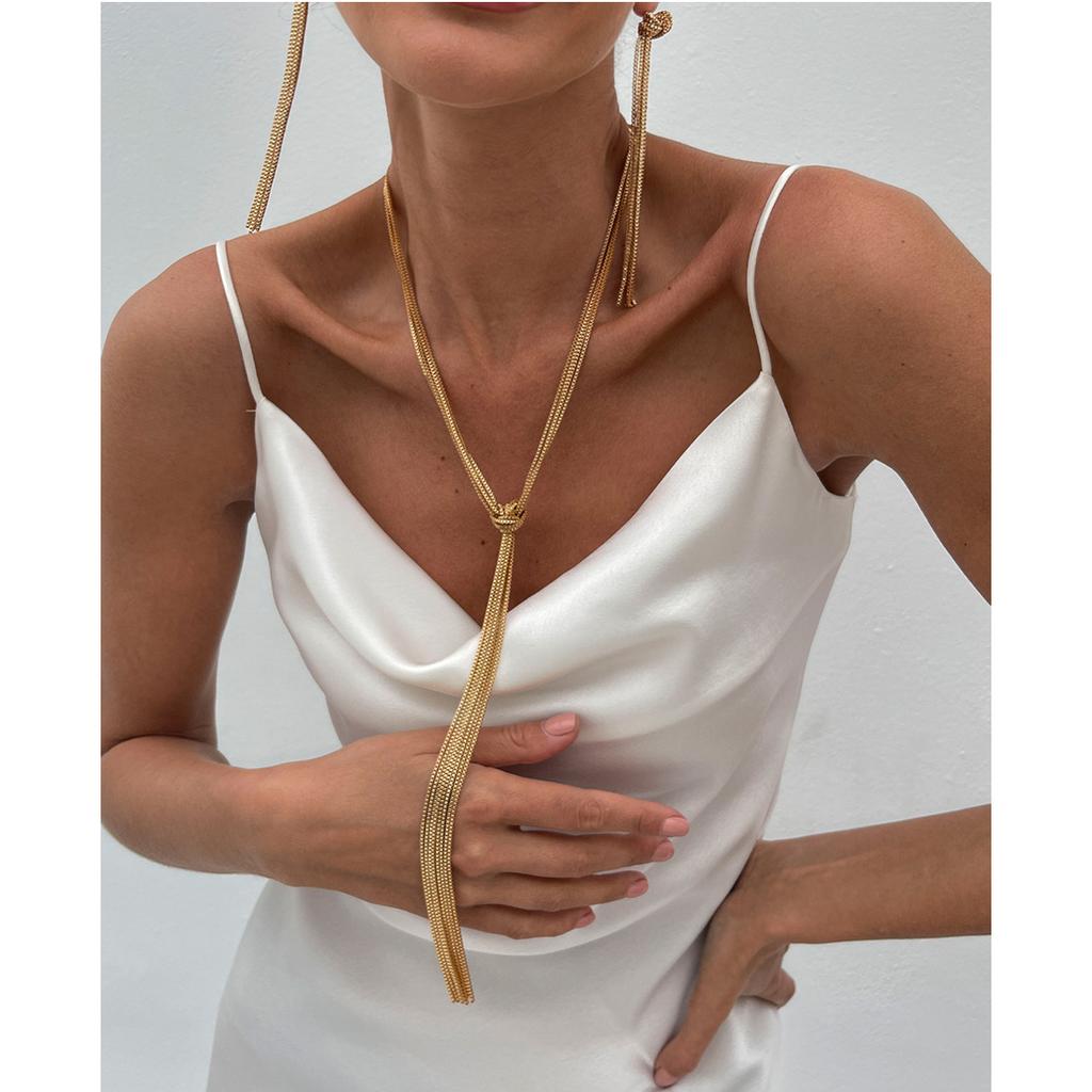 Simple Y-shaped Metal Tassel Plain Chain Necklace Cold Wind Multi-layer CCB Beads Collarbone Chain High Fashion Sense Party Commuter Women's Necklace