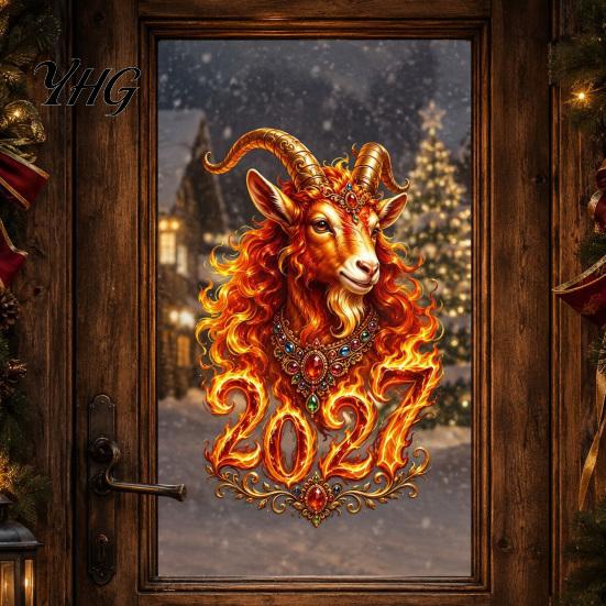Flame Textured Sheep Pattern Chinese New Year Window Sticker, 2027 Goat Static Clings, PVC Clings for Windows Reusable Lunar Xmas Decor Home