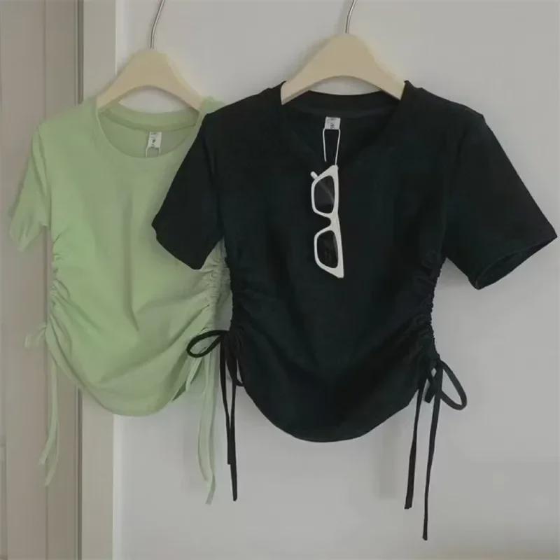 Женская тонкая однотонная футболка с коротким рукавом и завязками - корейский стиль