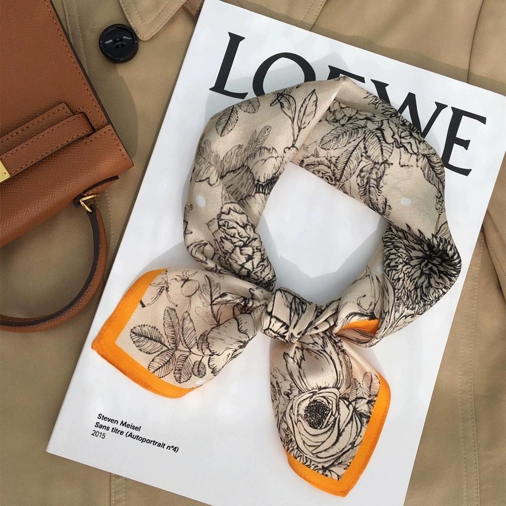 Women Elegant 53CM Square 100% Silk Scarf Flower Design Small Head Neck Hijab Kerchief Silk Bandana Scarves For Ladies