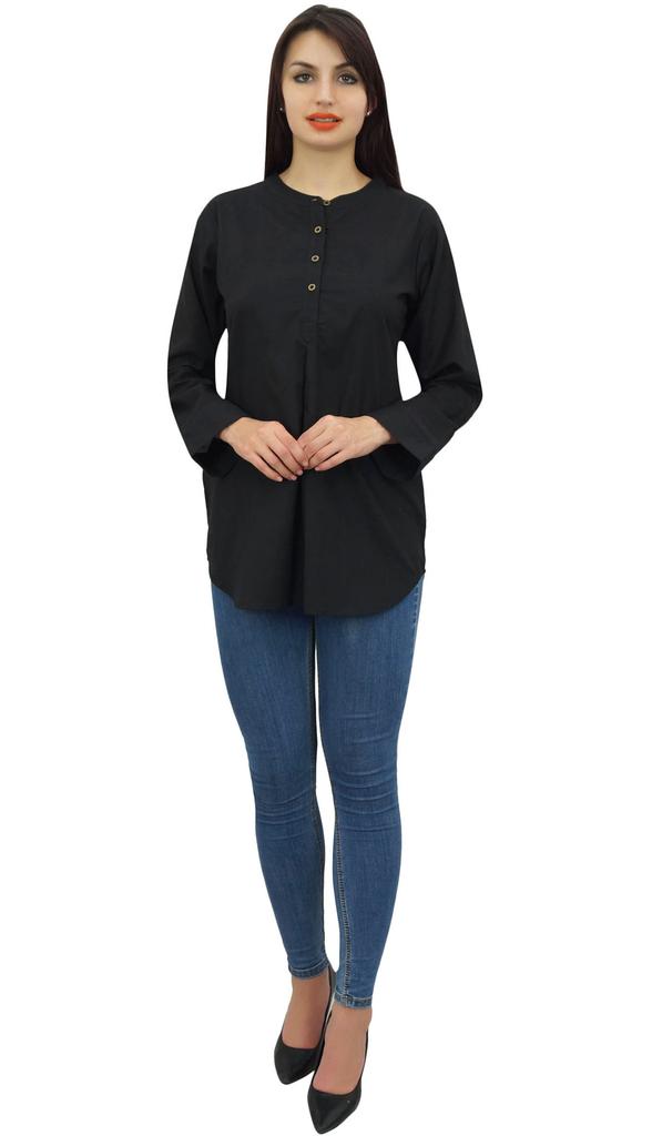 Phagun Женская летняя туника со складкой-коробкой, с длинным рукавом, черная, повседневная блузка