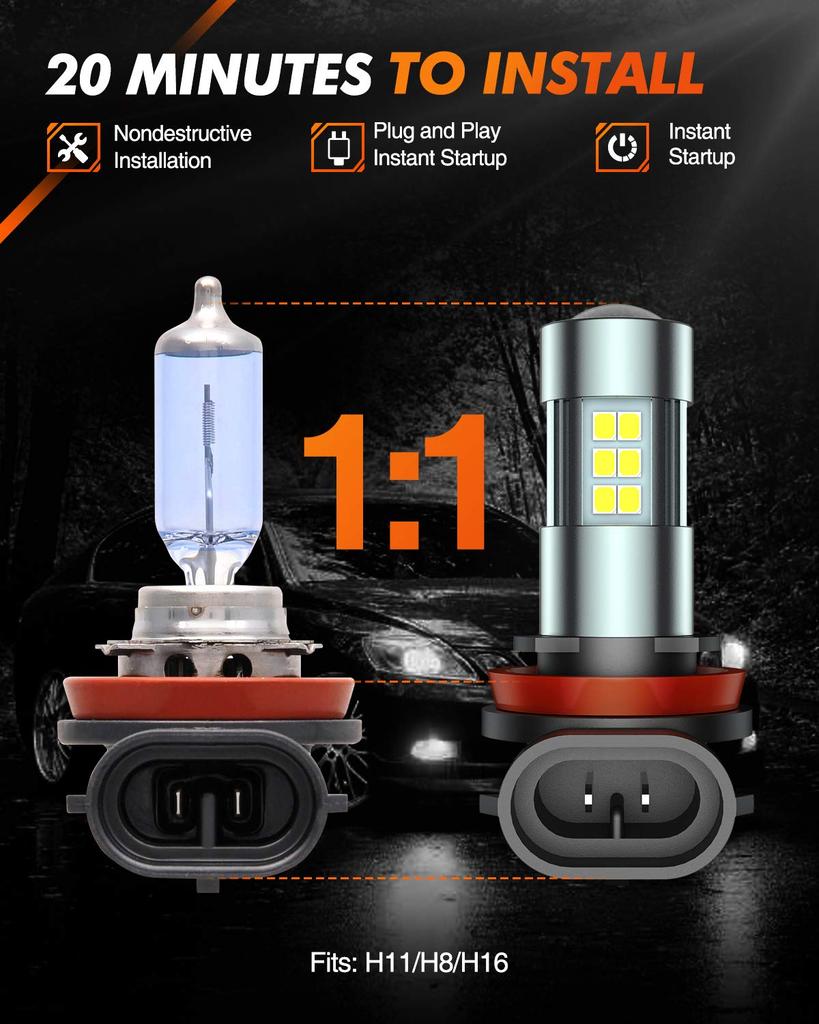 SEALIGHT F1-LED-H11 F1 Series LED Fog Lamp, H8 H11 H16 Bulb, White 7000LM, ,