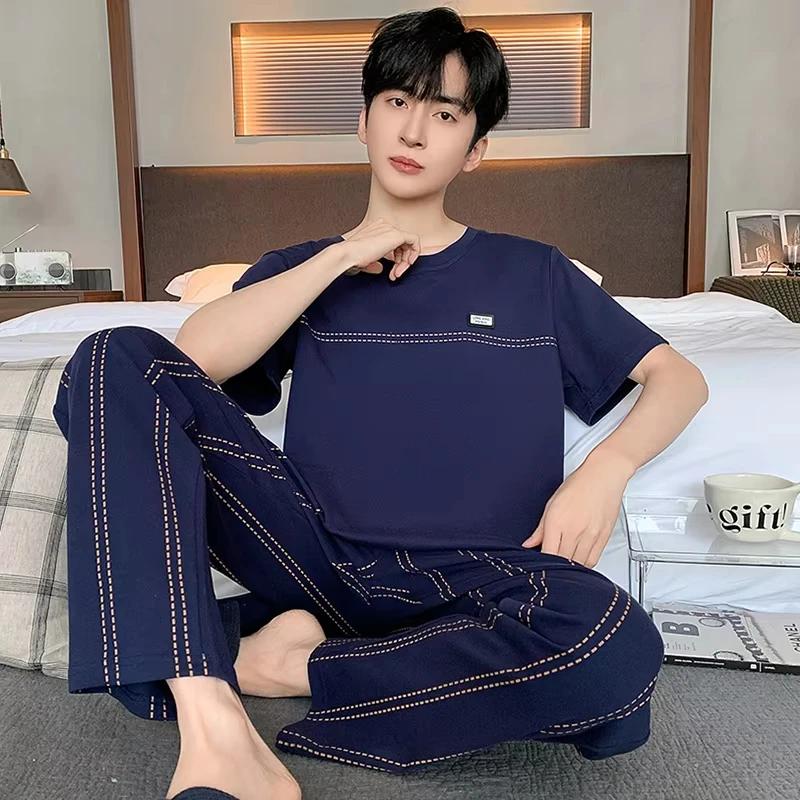 Summer Soft Cotton Pajamas Set for Men Fashion O-neck Pyjamas Short Sleeved Plaid Pants Home Suit
