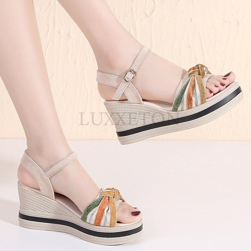 Women's Summer Wedge Sandals Fashion Platform Open Toe Bow Casual Shoes New Black Heightening Lightweight Beach Sandals