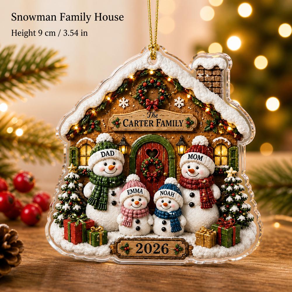 Custom Family Names Snowman Christmas Acrylic Ornament,Gingerbread House with 4 Snowmen,Personalized Xmas Tree Hanging Decor