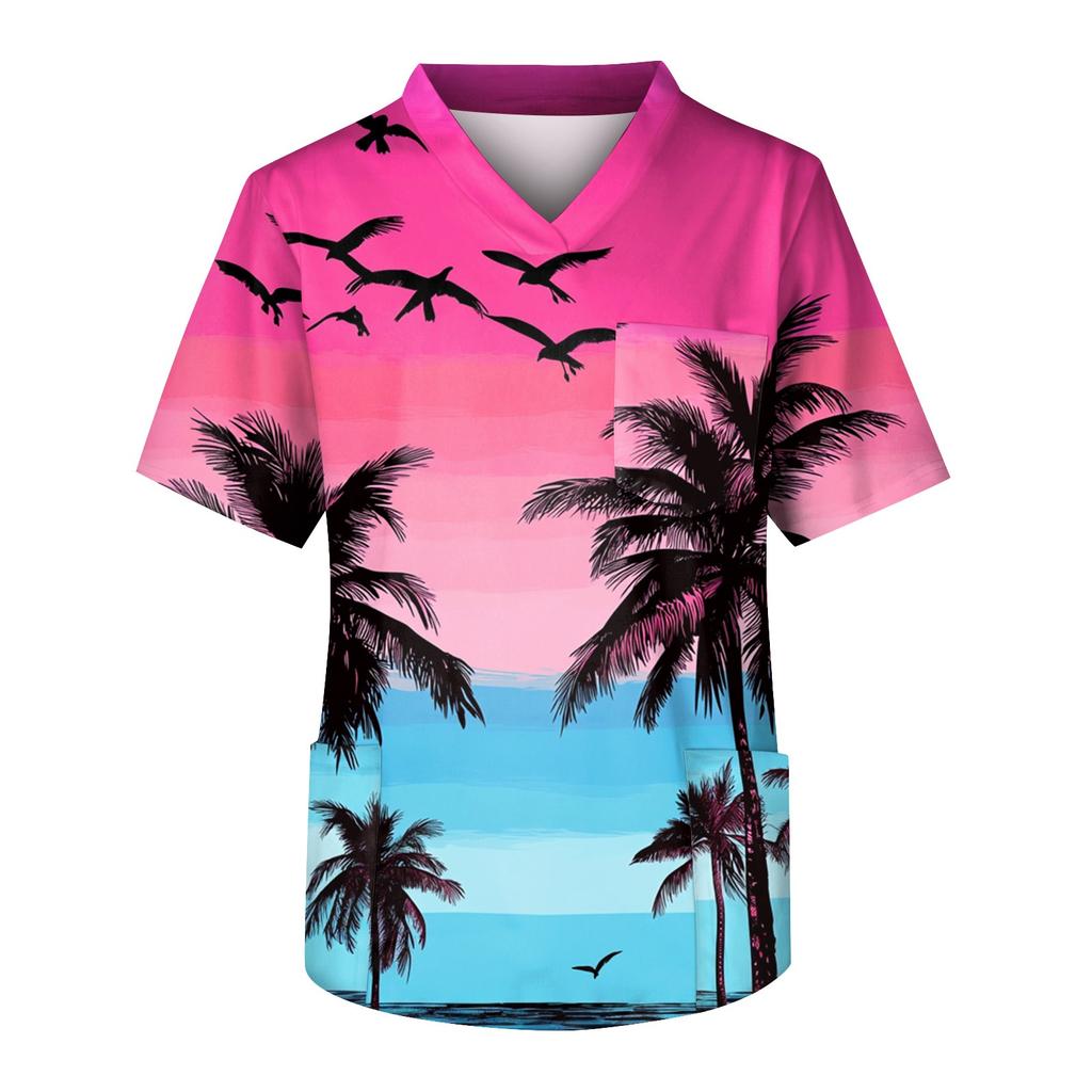Men's Short Sleeve V-Neck Print Chest Pocket Care Top