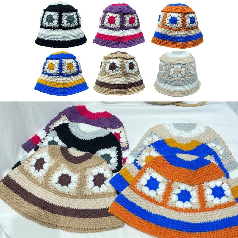 Sweet Girl Crochet Bucket Hat Cute Ladies Fisherman Cap with Flower Pattern Woman Teenagers Casual Summer Sunproof Hat