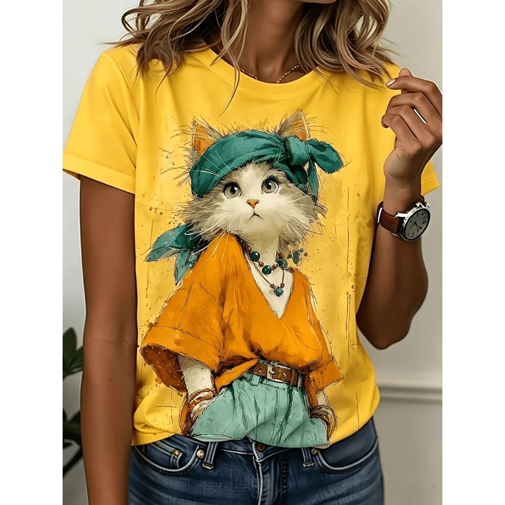 New Women's T-Shirt Cat Print Fashion Short Sleeve Printed T-Shirts Summer