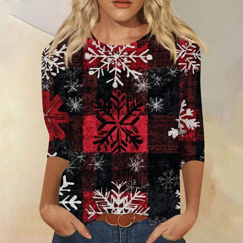 Women's Fashion Casual Seven Sleeve Christmas Printed Round Neck Top