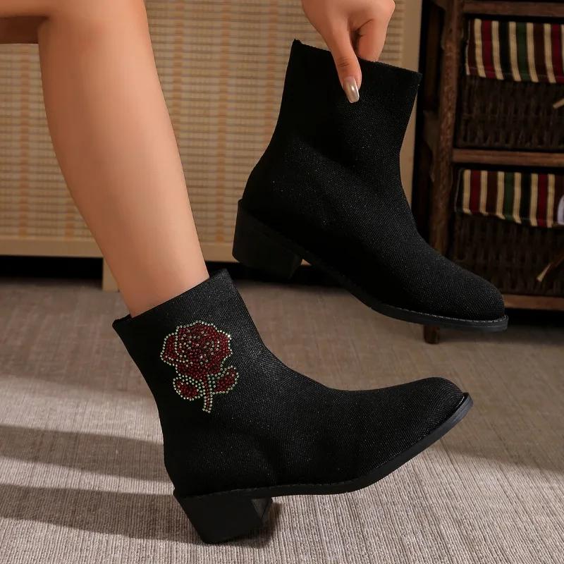 Casual Women's Ankle Boots 2024 Autumn Winter Warm Cotton Shoes Women Suede Mid-heel Embroidered Square Heel Mid-tube Booties