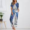 Ayollar uchun muz ipakli satin Rojdestvo printli pajama to'plami, qisqa yengli ko'ylak va uzun pajama shimlari to'plami, yumshoq uy kiyimi