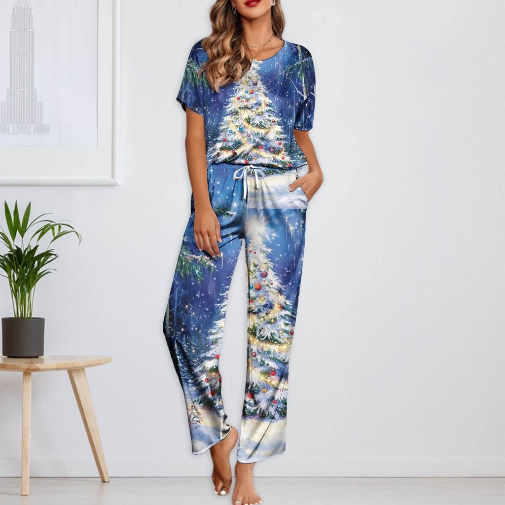 Ayollar uchun muz ipakli satin Rojdestvo printli pajama to'plami, qisqa yengli ko'ylak va uzun pajama shimlari to'plami, yumshoq uy kiyimi