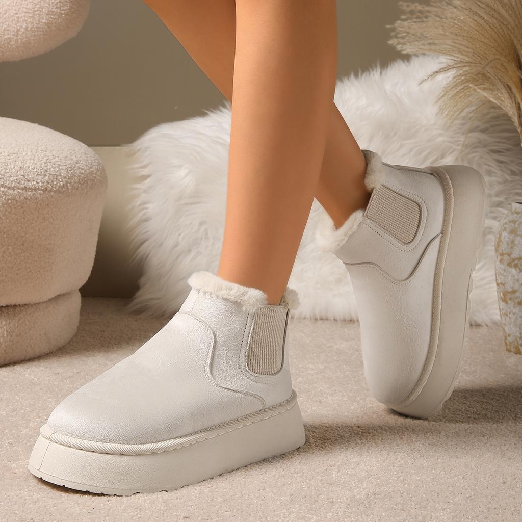 Модные зимние женские короткие плюшевые теплые сноубутсы, повседневная обувь, новые замшевые меховые ботильоны челси, плоская платформа, женская обувь