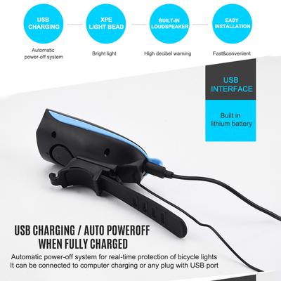 Перезаряжаемый USB передний фонарь для велосипеда с громким велосипедным звуковым сигналом, 250 люмен, водонепроницаемый передний фонарь, 120 дБ
