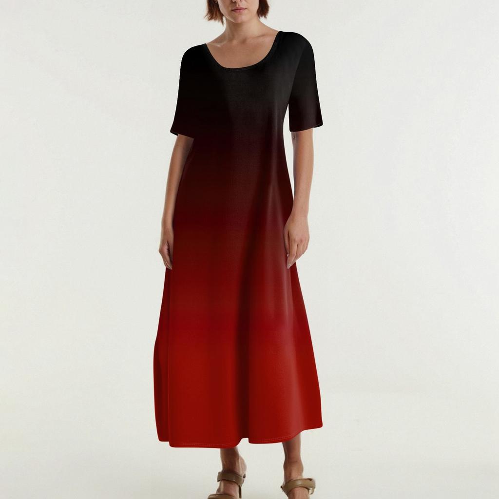 Women's Fashionable And Casual Long Beach Skirt Round Neck Short Sleeved Loose Retro Print Dress