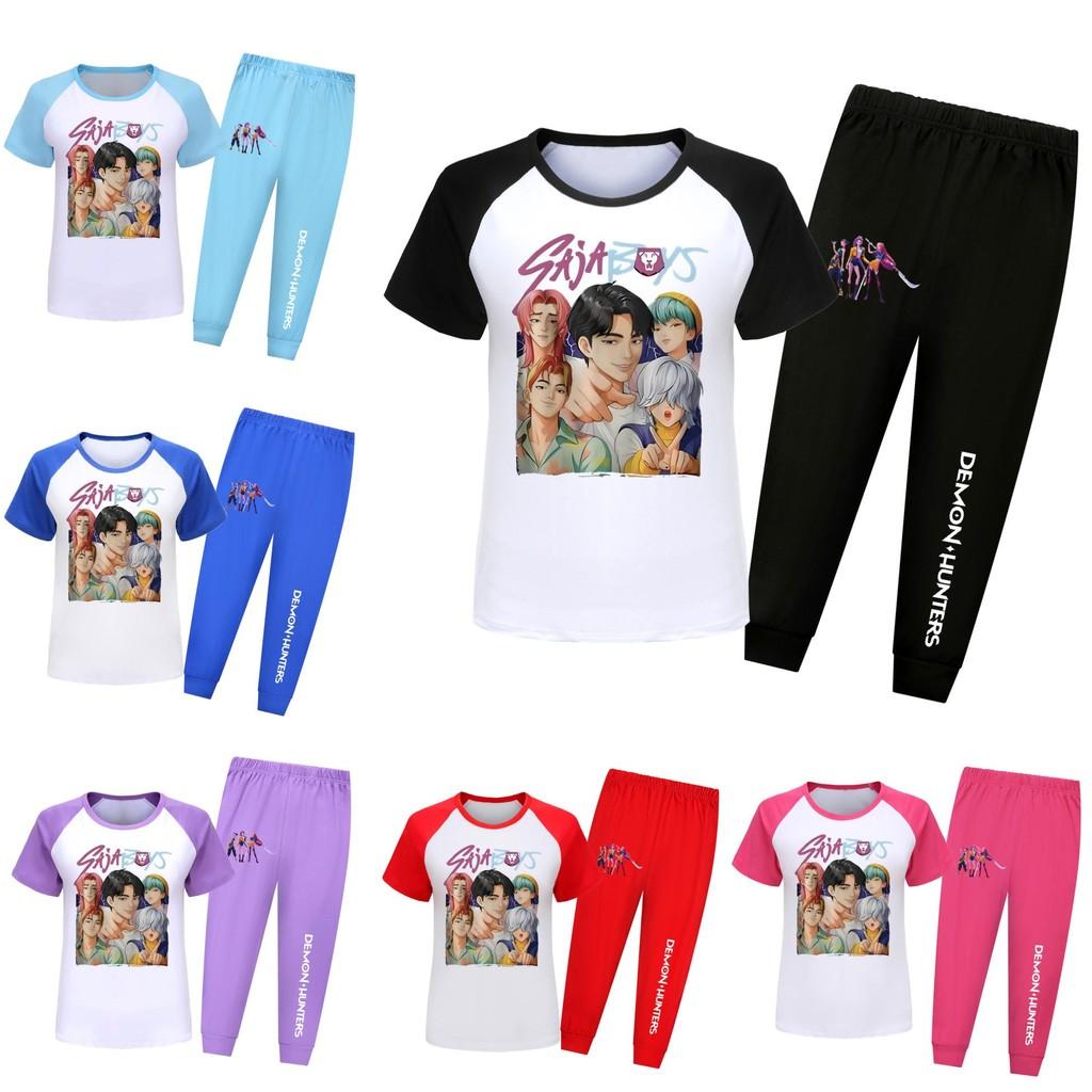 Kpop Охотники на демонов Саджа Мальчики Узор Рубашка с коротким рукавом Длинные брюки Пижамный костюм