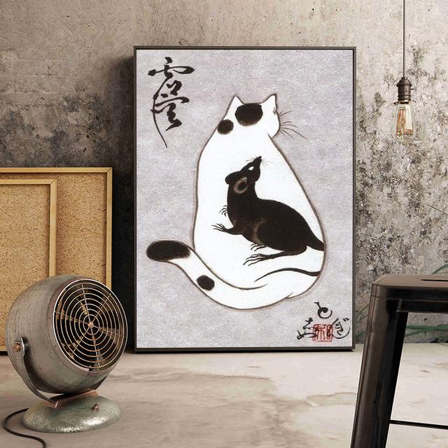 Solid Wood Frame Japanese Floating Samurai Cat Canvas Painting Retro Style Posters and Prints Wall Art Pictures for Living Room Wall Decor