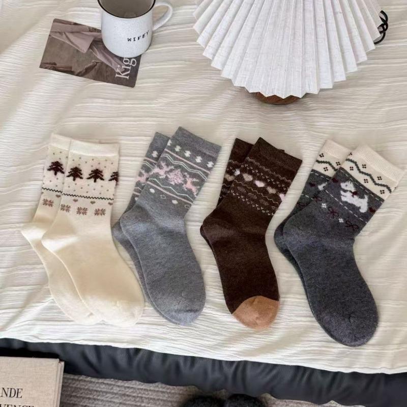Ретро Теплые Флисовые Носки для Женской Осенне-Зимней Теплоты, Утолщенные Носки до Середины Икры, Милый Бантик, Носки с Собачкой Дуй Дуй