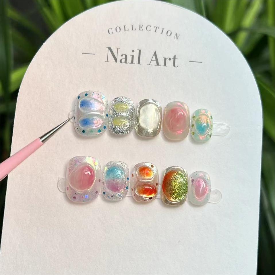 10Pcs Pink Cat Eye Handmade Press On Nails Reusable Fake Nails Stick On False Nail Tips