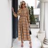 Осенне-зимнее женское клетчатое платье с разрезом на талии, средней длины, с длинными рукавами