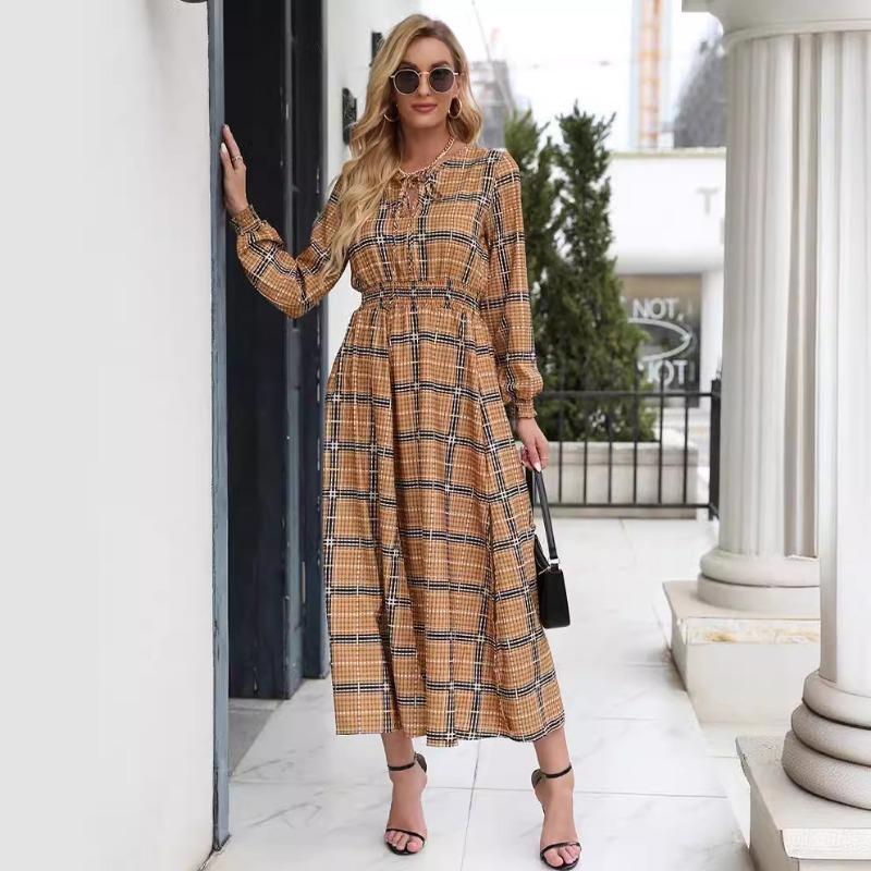 Осенне-зимнее женское клетчатое платье с разрезом на талии, средней длины, с длинными рукавами