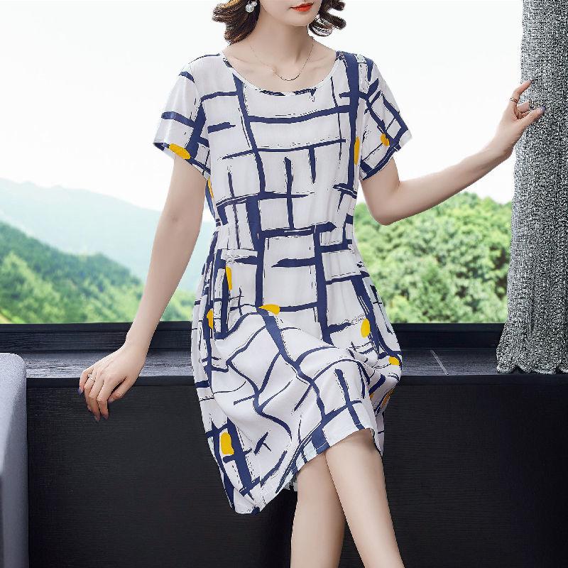 Платья с круглым вырезом, свободные, удобные, с принтом, юбки до колена, геометрические, с коротким рукавом, летние, тонкие, повседневные, новая женская одежда 2023