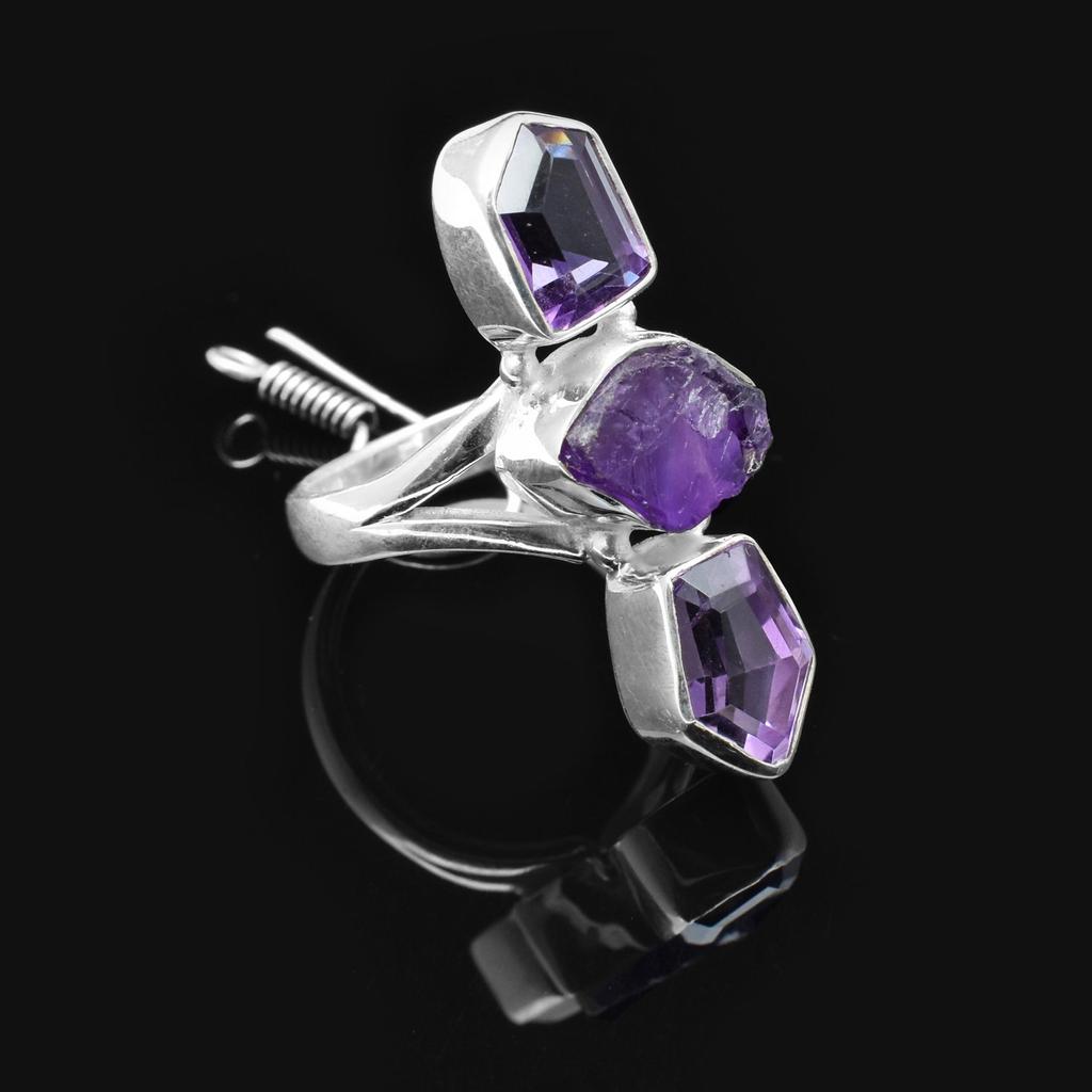 Кольцо из трех камней с натуральным аметистом, твердое кольцо из стерлингового серебра 925 пробы с разделенным хвостовиком, длинное кольцо на палец для женщин и девочек