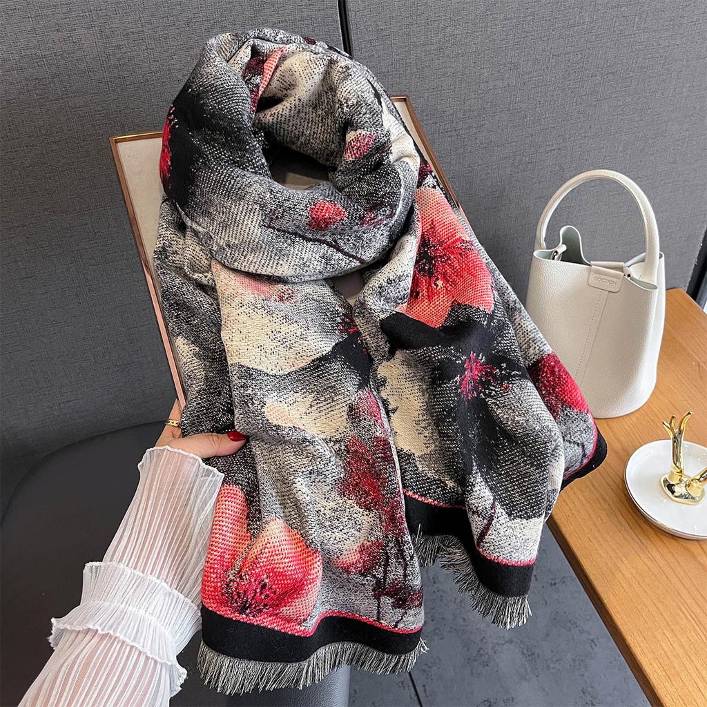 Autumn Personality Fashionable Plant Flower Print Scarf Women's Imitation Cashmere Warm Windproof Scarf Temperament Versatile Shawl