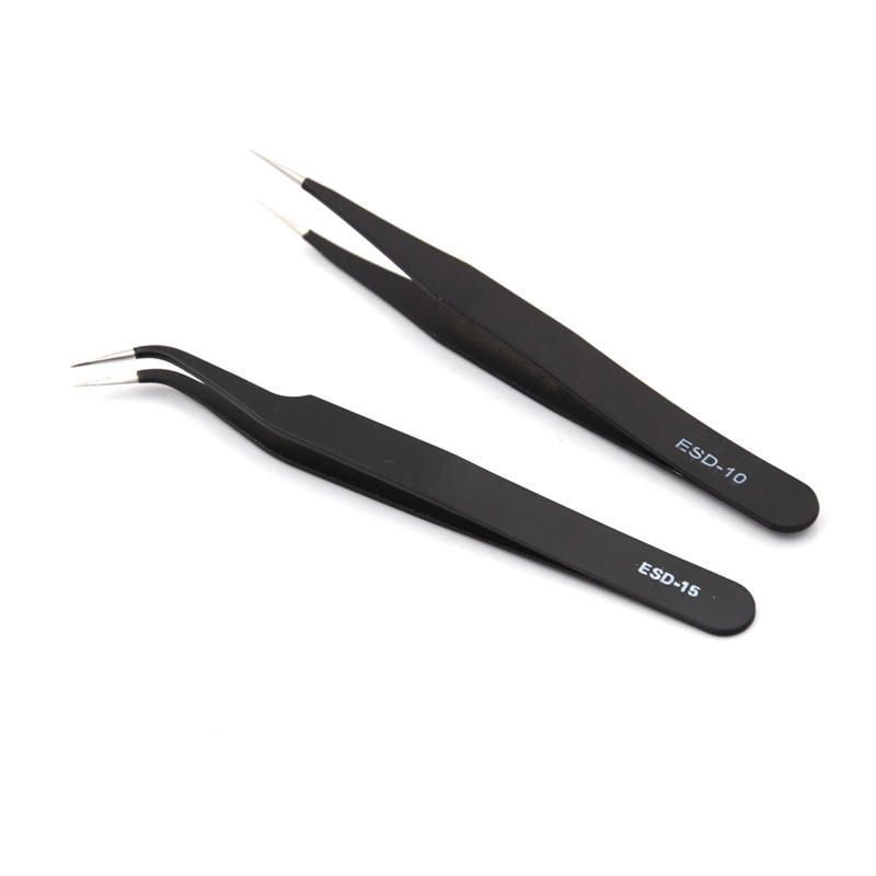 2Pcs/Set Black Anti-Static Straight Curved Tweezers Tools