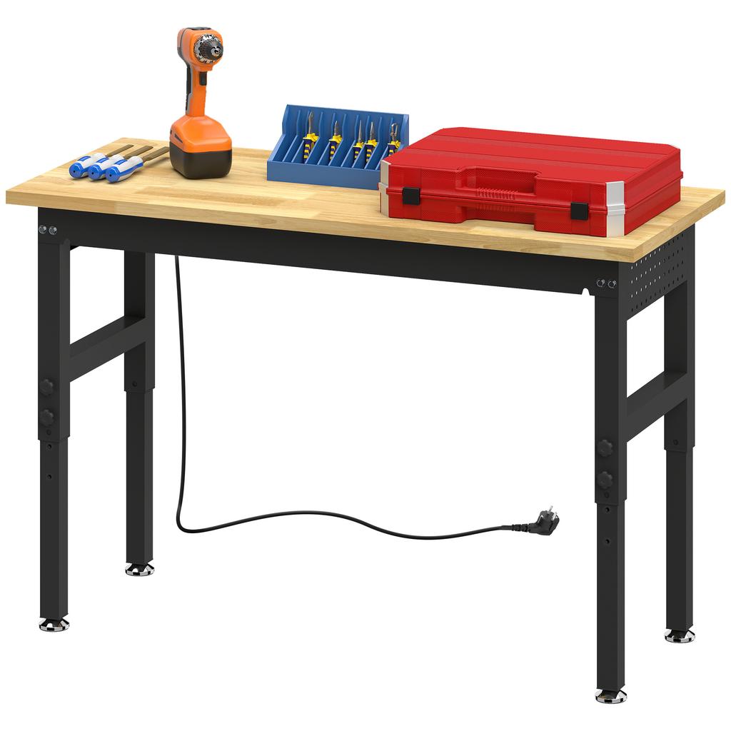 Workbench in Wood and Steel Adjustable Height, 2 AC Outlets, Capacity 900 kg, Wood and Black Color