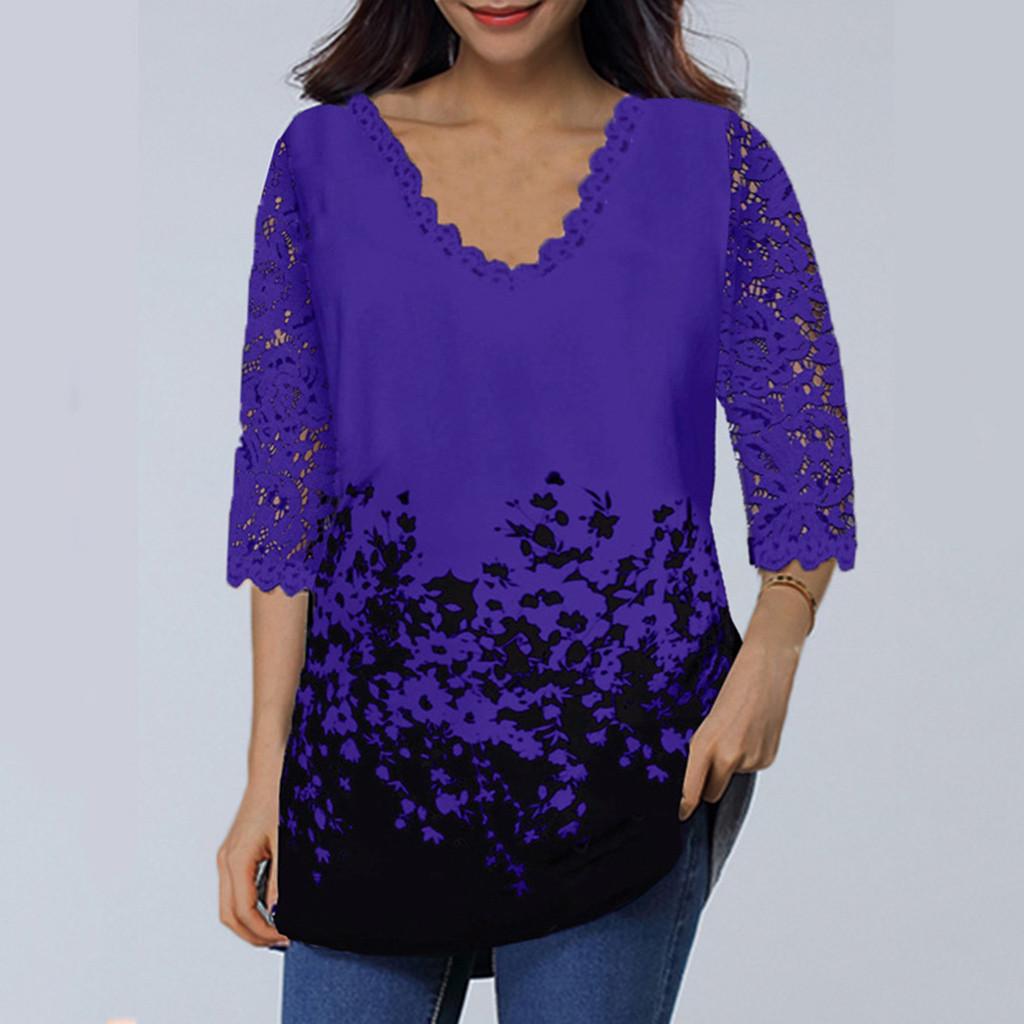 Women's Lace 3/4 Sleeve V Neck T Shirt Ladies Floral Blouse Tunic Tops Plus Size