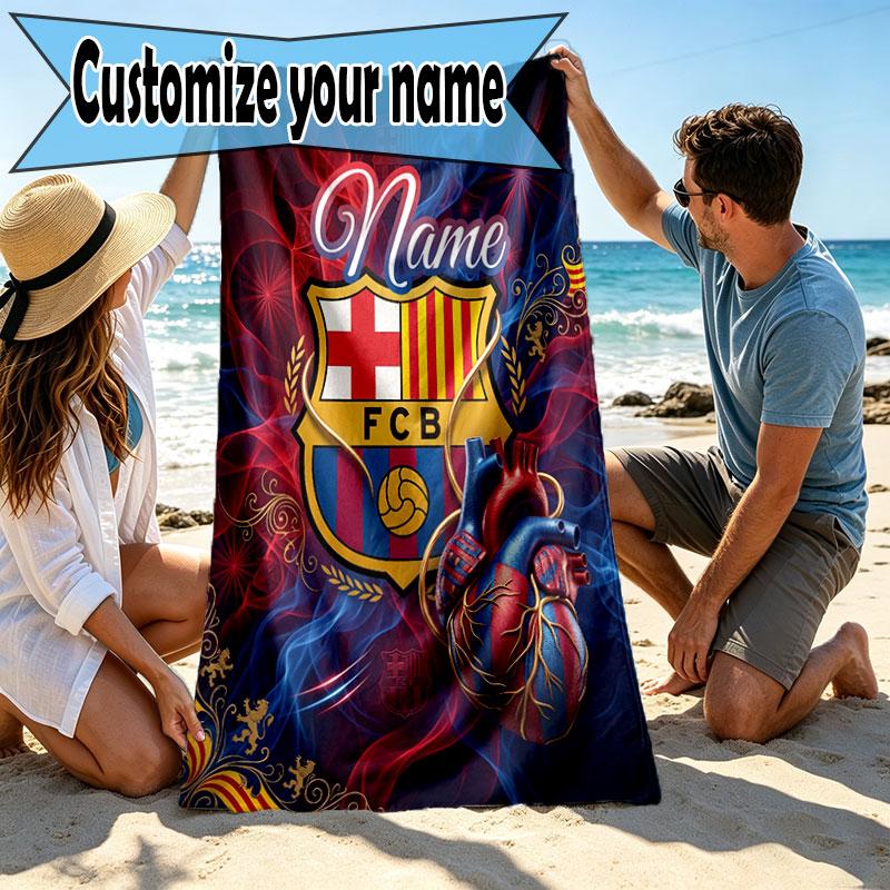 Custom Name Personalized FOOTBALL Club Barcelona Print Beach Towel, for Trip Camping Beach Party Home Decor, Birthday Gift for Family & Friends