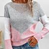 Women's Sweater Autumn and Winter Collision Color Round Neck Pullover Splicing Hollow Long Sleeve Thin Knitted Top