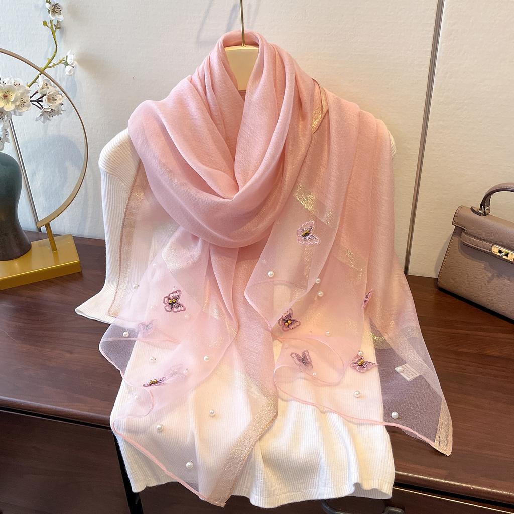 New Versatile Shawl Imitation Silk Thin Silk Scarf for Women Spring and Summer Butterfly Pearl Light Luxury Fashionable Warm Neck Protection Shawl
