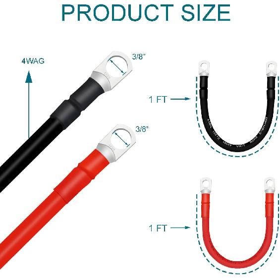 4 AWG Battery Cables with 3/8 inch Copper Terminals(2PCS 1FT)