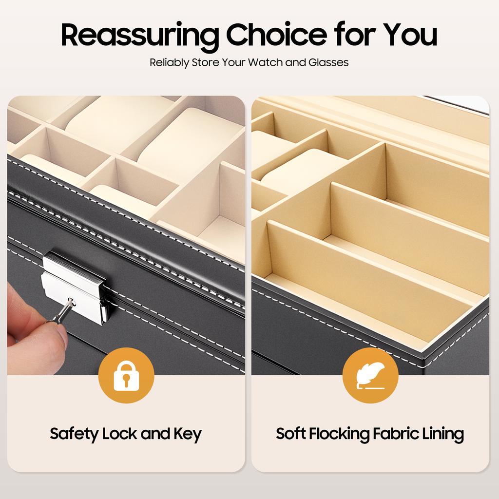 Винтажная коробка для часов для мужчин с замком, органайзер для хранения 6 часов и 9 очков, деревянный дисплей из ПУ кожи, подарок для коллекционера