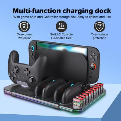 Многофункциональная охлаждающая и зарядная подставка SW2139 для Switch 2 с охлаждающим вентилятором, 10 слотами для игровых карт и 9 регулируемыми световыми эффектами