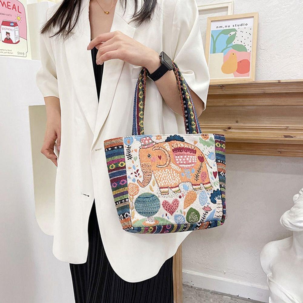 Peacock Canvas Tote Bag Embroidery Elephant Handbag Simple Ethnic Style Handbag Grocery Handbags