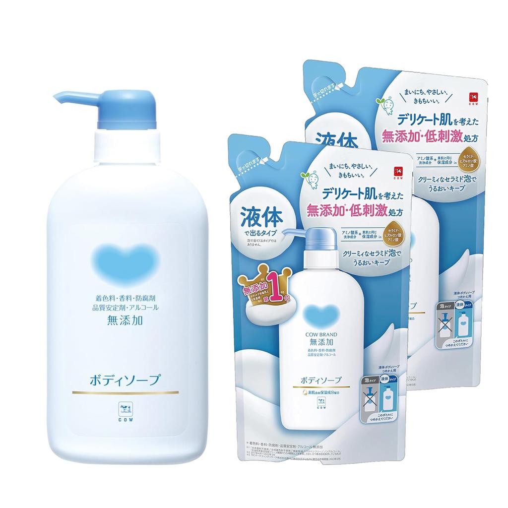 Мыло для тела марки Cow с дозатором 500 мл сменный блок 380 мл x 2 набора без добавок +
