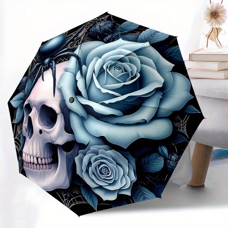1pc Blue Rose and Spider Pattern Automatic, 8 Iron Frames, High-Value Folding Umbrella, Suitable for Office, Travel and Outdoor Adventure.N013