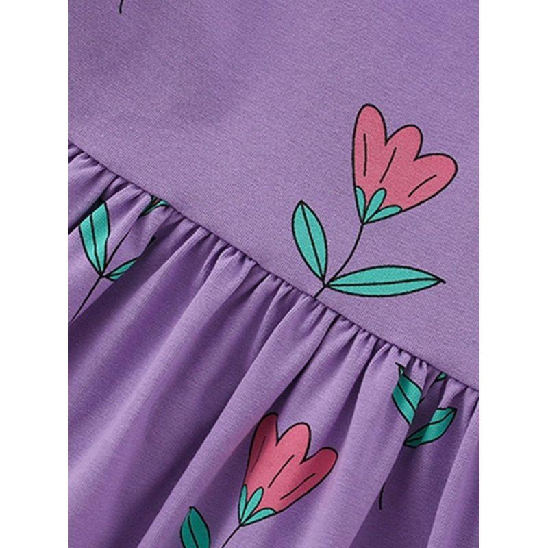 Girls' Purple Tulip Short-Sleeved Dress Baby Pure Cotton Princess Dress Kidsren's Summer Dress Knitted Skirt for Small and Medium-Sized Kidsren