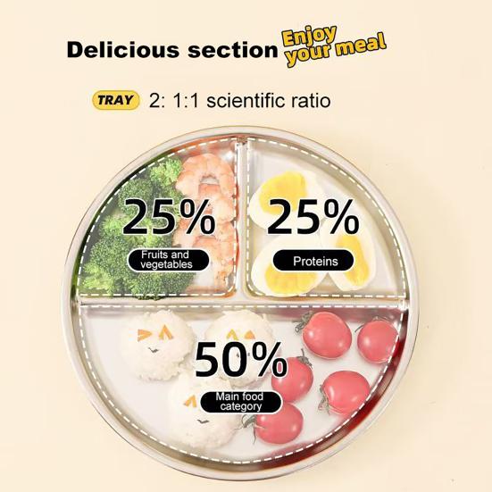 Юшенг Тарелки обеденные из нержавеющей стали Силиконовая присоска Разделенный сервировочный поднос Штабелируемые тарелки для завтрака Детский поднос для закусок Контейнер для ланча для школы