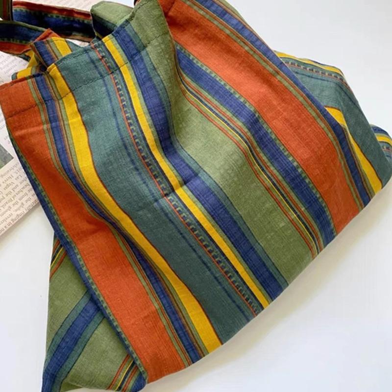 Красочная полосатая сумка на плечо для женщин, большая вместительная сумка для покупок, повседневная пляжная сумка, многоразовая портативная сумка