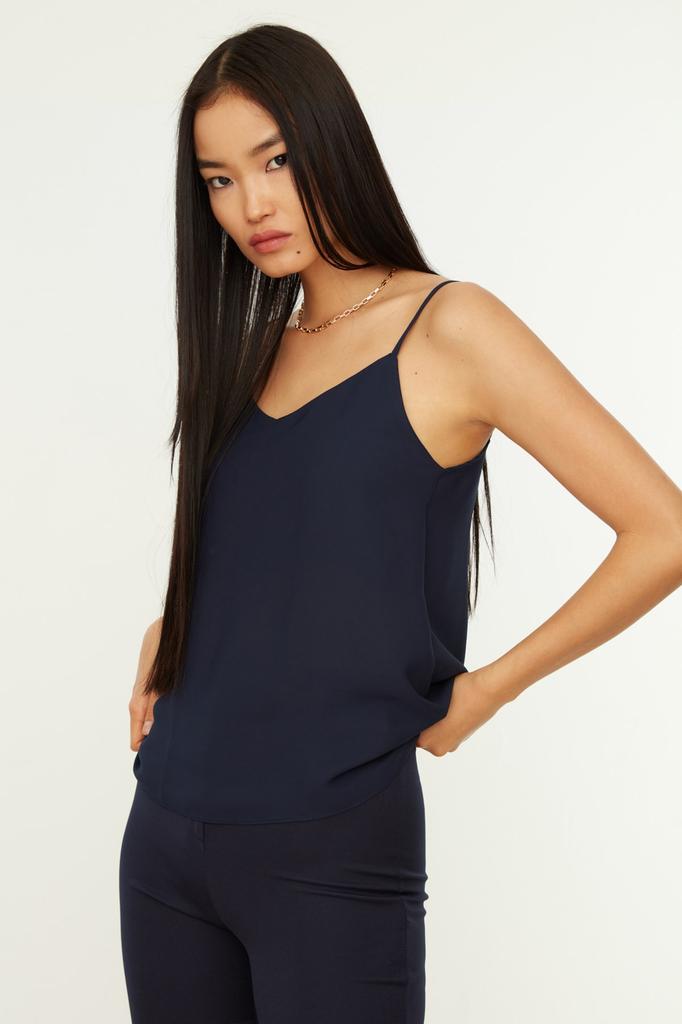 Women's Fashion New Blouse Black Basic Strap Woven Blouse